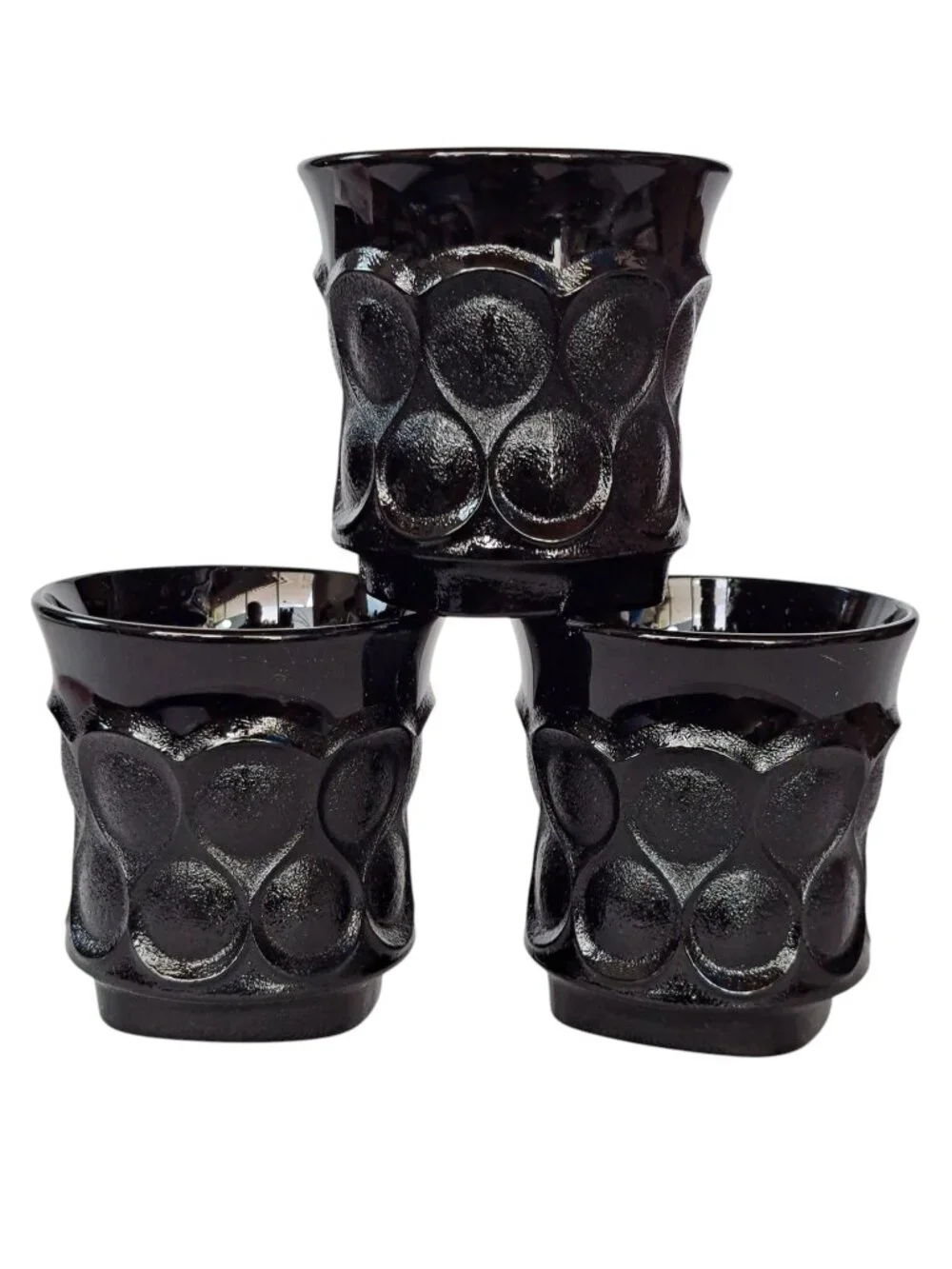 Noritake Spotlight Ebony Black Glass Tumblers 3.5” Thumbprint Glasses Lot of 3